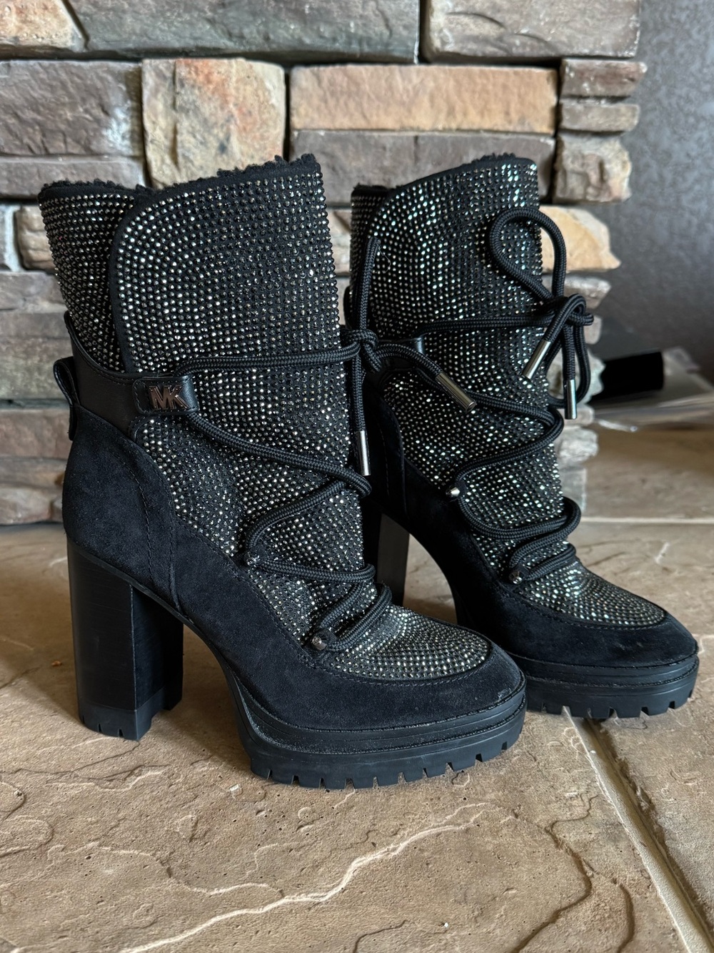 MICHAEL Michael Kors Women's Culver Embellished Snow Lace-Up Black Booties, 7